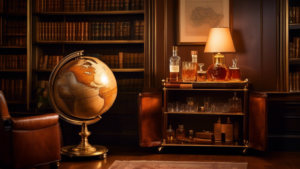 An elegant, vintage globe bar cart in a cozy library, with a crystal decanter of whisky and two glasses softly illuminated by the warm light of an antique brass lamp, surrounded by leather-bound books that celebrate World Whisky Day.