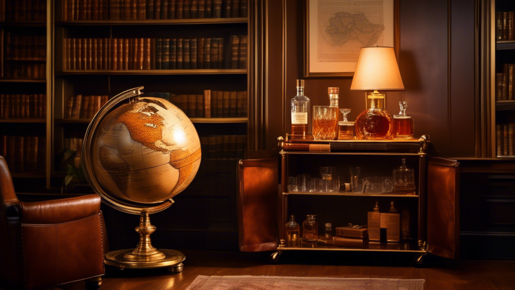 An elegant, vintage globe bar cart in a cozy library, with a crystal decanter of whisky and two glasses softly illuminated by the warm light of an antique brass lamp, surrounded by leather-bound books that celebrate World Whisky Day.