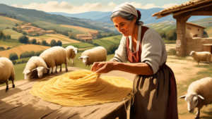An ancient Sardinian woman masterfully pulling ultra-thin threads of Su Filindeu pasta dough by hand in a rustic kitchen, with a backdrop of rolling hills and sheep grazing, showcasing the traditional and rare art passed down through generations.