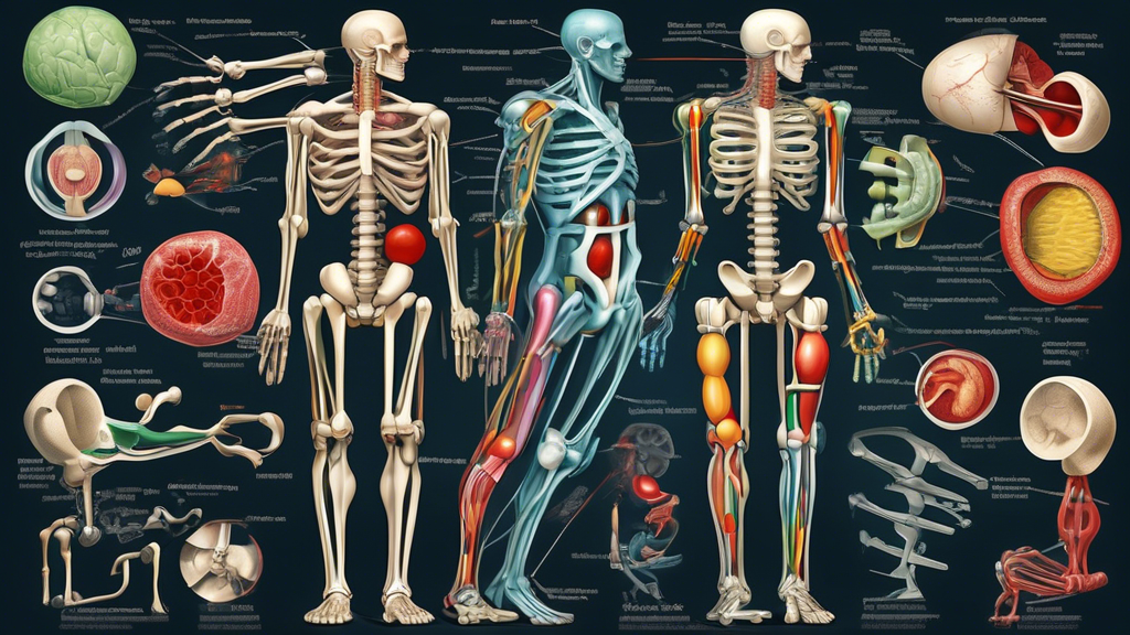 Produce an image of a surreal, artistic depiction of various types of joints in the human body, such as ball-and-socket, hinge, and pivot joints, each labeled with a unique fact about them. Make the image colorful and detailed to highlight the complexity and importance of joints in the body.