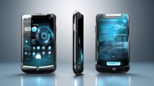 Create an image of a futuristic smartphone from the brand Morefine that showcases its sleek design and cutting-edge features, such as a high-resolution display, advanced camera system, and ultra-fast processing capabilities. Include elements that represent each of the 17 facts about Morefine in a visually appealing and creative way.