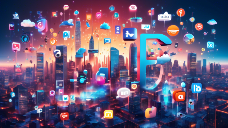 An imaginative skyline composed of iconic social media symbols, intertwined with futuristic digital marketing tools, floating above a bustling cityscape of advertisers and content creators, all encapsulated within a giant, glowing, 3D word 'META'.