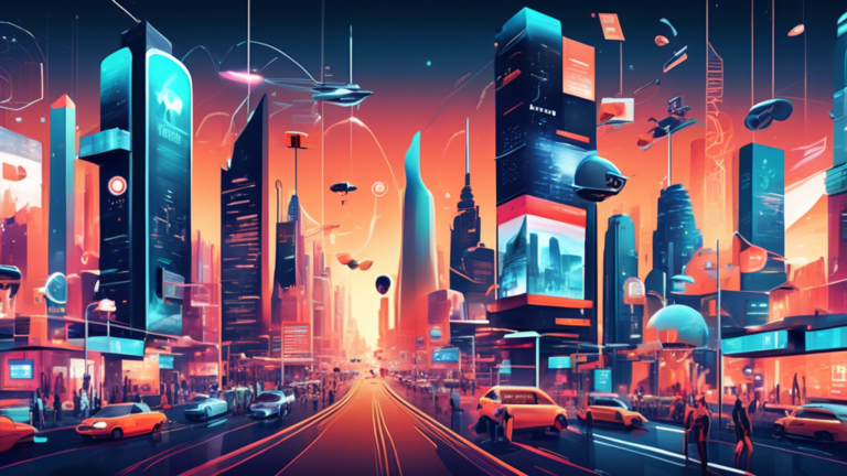 Create an image of a futuristic digital cityscape filled with billboards and advertisements showcasing various meta marketing strategies such as influencer partnerships, content creation, data analytics, and social media engagement. Include elements representing the 17 facts about meta marketing in a visually engaging and informative way.