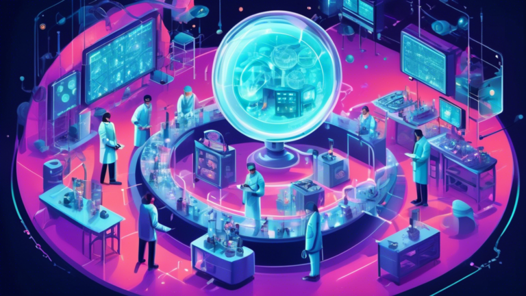 A futuristic laboratory with scientists examining a glowing, intricate molecule labeled Morefine under a magnifying glass, surrounded by digital screens displaying the number 17 and various fun facts.