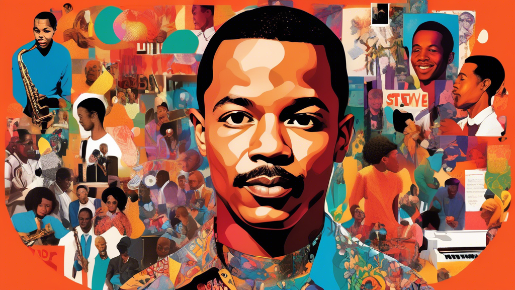 Create an image of a vibrant collage featuring 19 unique and symbolic elements that represent the life and achievements of Steve Lacy. Each element should visually depict a different fact about him, showcasing his music career, personal style, and cultural influence. The collage should be dynamic and colorful, capturing the essence of Steve Lacy's impact and legacy.