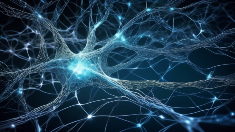 An intricate digital illustration of interconnected neurons forming a vast network, symbolizing a feedforward neural network, with light pulses traveling through the paths, against a backdrop of binary code.