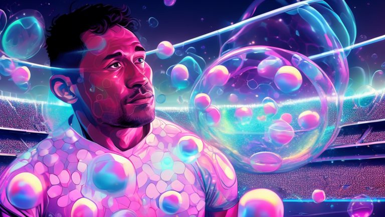 Digital portrait of Brian To'o surrounded by 19 glowing, floating fact bubbles in a futuristic holographic style, with a rugby ball and stadium in the backdrop