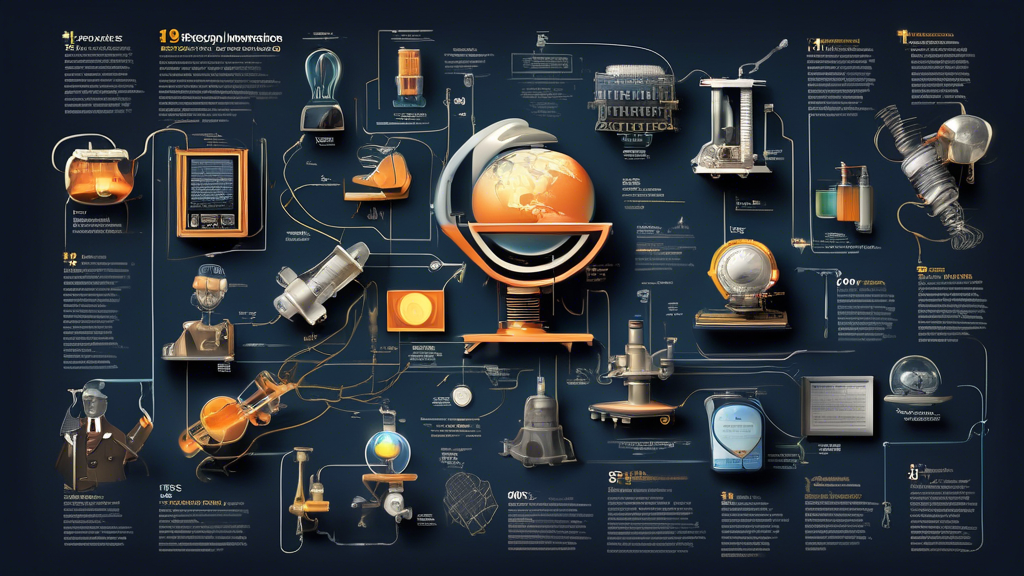 Detailed illustration showcasing the top 19 groundbreaking inventions by Inventec throughout history, with each invention surrounded by glowing facts and figures.