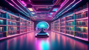 A futuristic library filled with holographic books showcasing the evolution of artificial intelligence in different styles and colors