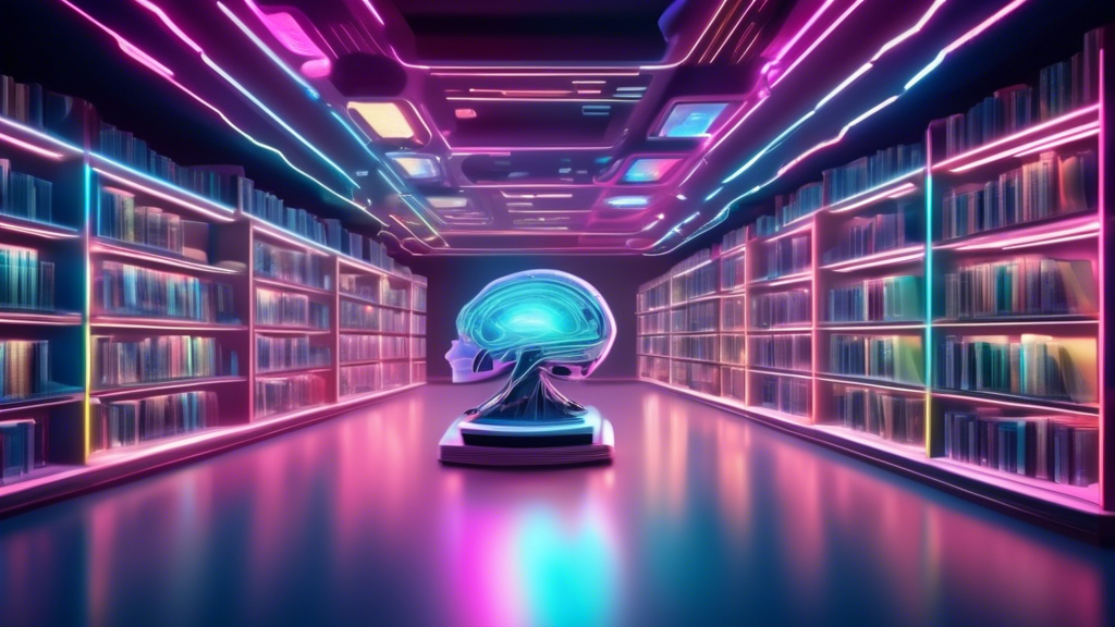 A futuristic library filled with holographic books showcasing the evolution of artificial intelligence in different styles and colors