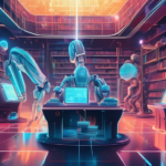 An illustrated futuristic library filled with books and holographic computers displaying charts, graphs, and algorithms related to deep learning, with robots and humans studying together.