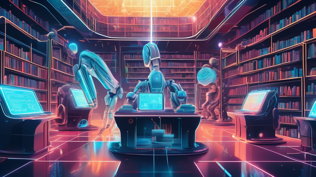 An illustrated futuristic library filled with books and holographic computers displaying charts, graphs, and algorithms related to deep learning, with robots and humans studying together.