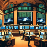 An animated, bustling scene of the New York Stock Exchange trading floor, with digital screens displaying stock numbers and traders in dynamic motion, exchanging papers and communicating intently under a large, ornate clock displaying the time accurately.