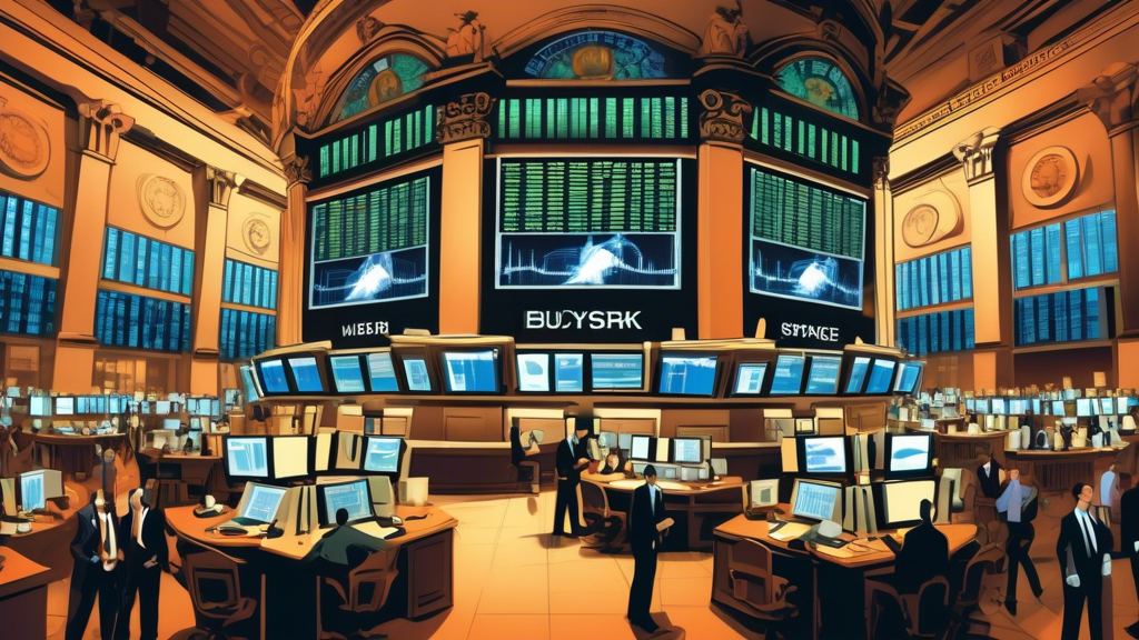An animated, bustling scene of the New York Stock Exchange trading floor, with digital screens displaying stock numbers and traders in dynamic motion, exchanging papers and communicating intently under a large, ornate clock displaying the time accurately.