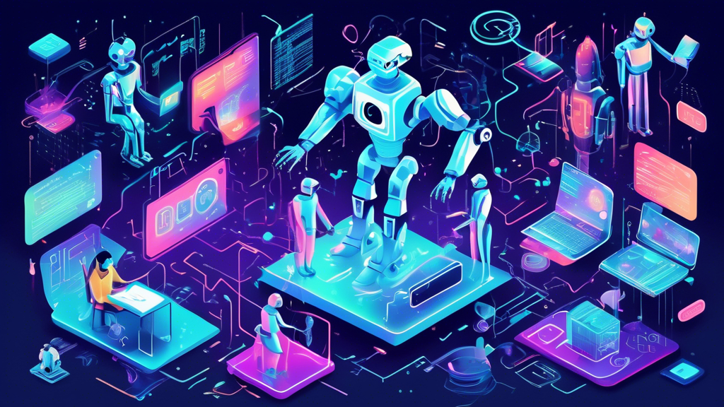An illustrated collage of futuristic robots collaboratively writing code on holographic interfaces, surrounded by digital data streams and AI-related icons, with '20 Facts About AI Coding' in bold script at the top.