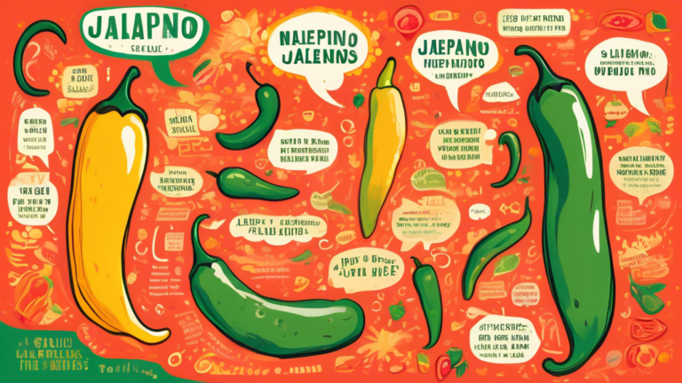 A colorful, detailed illustration of a jalapeño pepper surrounded by text bubbles, each containing an interesting fact about jalapeños, such as their origin, heat level on the Scoville scale, health benefits, and popular dishes they are used in, set against a vibrant Mexican-themed backdrop.