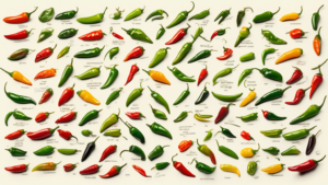 Create an image of a vibrant and diverse botanical garden showcasing 20 different species of jalapeño peppers, each labeled with a unique fact about them. The garden should be lush and colorful, with various shapes, sizes, and colors of jalapeños on display. Each fact should be visually displayed next to or on top of the corresponding pepper to educate the viewer about the many interesting aspects of jalapeños.