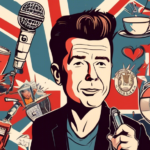 Create an image of Rick Astley with various objects and symbols representing different facts about him, such as a microphone to symbolize his singing career, a computer to represent the Rickroll meme, a heart symbol to show his popularity and fandom, and a cup of tea to represent his British heritage. Each object should be creatively integrated into the image while maintaining a cohesive and visually appealing composition.