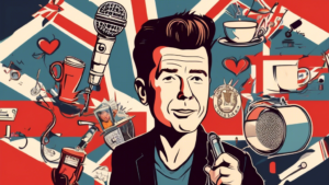 Create an image of Rick Astley with various objects and symbols representing different facts about him, such as a microphone to symbolize his singing career, a computer to represent the Rickroll meme, a heart symbol to show his popularity and fandom, and a cup of tea to represent his British heritage. Each object should be creatively integrated into the image while maintaining a cohesive and visually appealing composition.