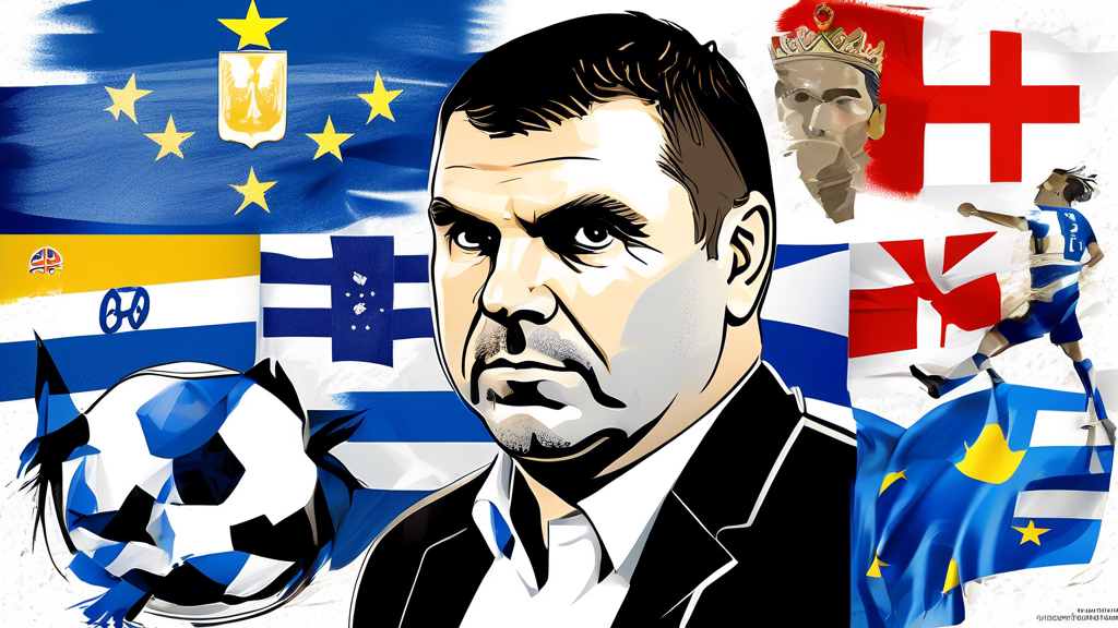 An illustrated montage of Ange Postecoglou's career highlights, including his achievements as a football player and coach, framed by the flags of Australia and Greece, with subtle references to his 20 most impactful facts.