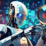 Digital art showcasing a futuristic AI robot holding a magnifying glass over a pixelated image transforming into a high-resolution masterpiece.