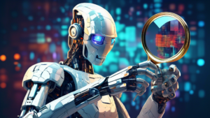 Digital art showcasing a futuristic AI robot holding a magnifying glass over a pixelated image transforming into a high-resolution masterpiece.