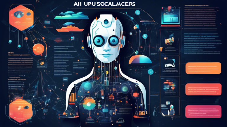 Create an image that depicts a visually striking infographic showcasing 20 facts about AI image upscalers. Each fact should be represented in a unique and creative visual format, forming a captivating and informative collage. The design should incorporate elements like futuristic graphics, AI symbols, pixelated images, and data visualizations to convey the technological advancements and applications of AI image upscalers.