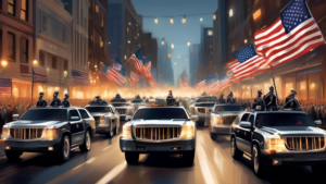 Create an image of a sleek and modern presidential motorcade featuring a line of armored vehicles decked out with flags and flashing lights, driving down a bustling city street surrounded by onlookers. The vehicles should have an air of power and security, showcasing the prestige and importance of a presidential motorcade.