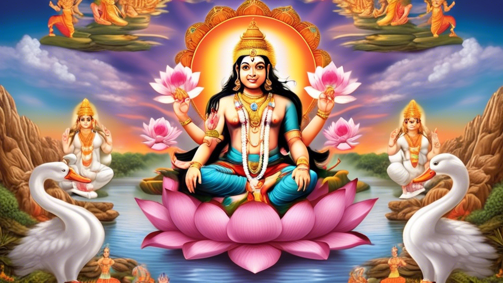 Create an image of Brahma, the Hindu god of creation, surrounded by 24 symbols representing key facts about him, such as his four faces, the lotus he holds, his divine swan vehicle, and other important elements from his mythology. Each symbol should be visually distinct and labeled with a corresponding fact about Brahma. The image should be colorful and detailed to capture the richness of Brahma's character and significance in Hindu mythology.