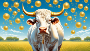 A majestic Brahma bull standing in a serene, verdant field under a clear blue sky, surrounded by floating golden fact bubbles containing symbols and texts related to Brahma mythology and cultural significance.