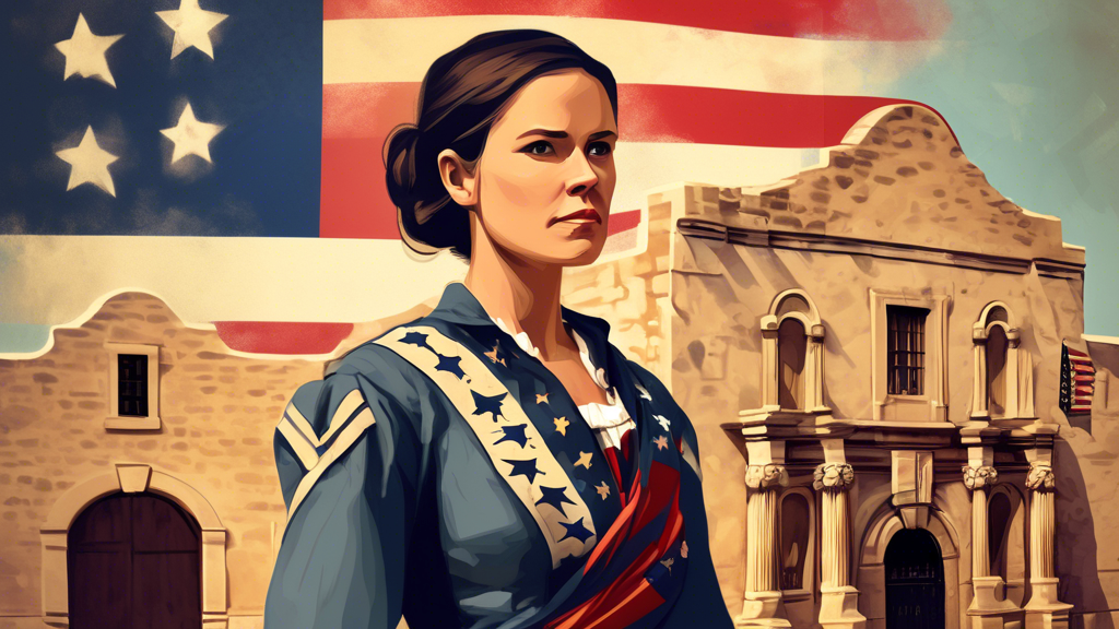 Create an image of Susanna Dickinson standing bravely in front of the Alamo, surrounded by Texas flags and historical artifacts, symbolizing her role in the Texas Revolution and her significance in American history.