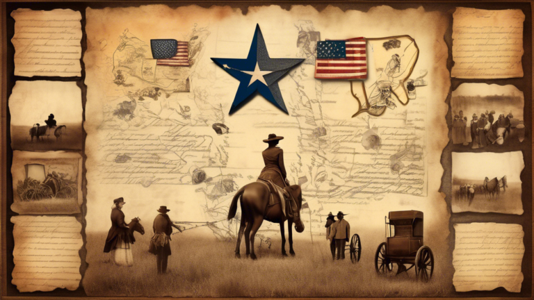 Create an artistic collage featuring key moments from the life of Susanna Dickinson, intertwining symbols of Texas independence and 19th-century American frontier life.