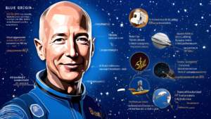 An engaging infographic showcasing 26 fascinating facts about Blue Origin, including their New Shepard spacecraft, space tourism visions, and a portrait of founder Jeff Bezos wearing a spacesuit, set against the backdrop of a starry sky and the Blue Origin logo.