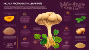 An illustration of a vibrant Maca root plant surrounded by highlighted facts and infographic elements showcasing its nutritional benefits on a visually engaging background.