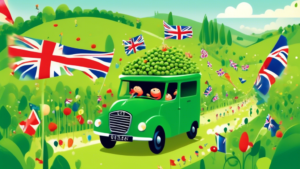 A vibrant, whimsical celebration in the United Kingdom with animated peas having a parade, showcasing banners and flags about Great British Pea Week, including a calendar marking July 3rd to July 9th, set in a lush, green countryside setting.