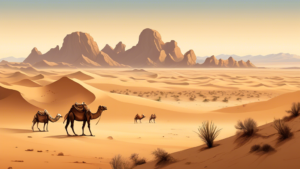 Create an image of the vast and arid Gobi Desert landscape, featuring a variety of unique elements such as sand dunes, camels, yurts, and the occasional oasis. The scene should capture the essence of the desert's rugged beauty and showcase the diverse wildlife and culture that call the Gobi Desert home.