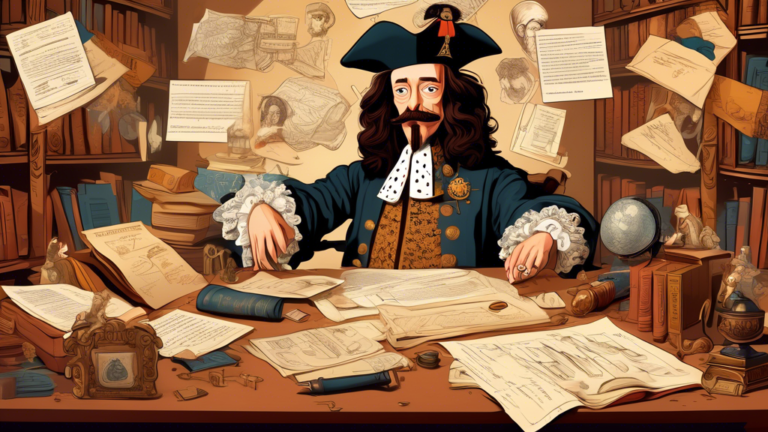 King Charles I surrounded by historical documents and artifacts, with fun and lesser-known facts floating in speech bubbles around his head, in a whimsically illustrated library setting.