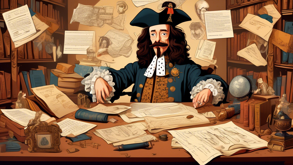 King Charles I surrounded by historical documents and artifacts, with fun and lesser-known facts floating in speech bubbles around his head, in a whimsically illustrated library setting.