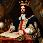Create an image of King Charles surrounded by various historical items and symbols that represent different interesting facts about his reign, such as a crown, a royal robe, a globe, and a quill pen. Each item should be labeled with a corresponding fact, such as Reigned during the English Civil War, Established the first royal court painter, Signed the Petition of Right, and Commissioned the translation of the Bible into English.