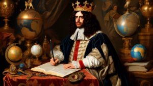 Create an image of King Charles surrounded by various historical items and symbols that represent different interesting facts about his reign, such as a crown, a royal robe, a globe, and a quill pen. Each item should be labeled with a corresponding fact, such as Reigned during the English Civil War, Established the first royal court painter, Signed the Petition of Right, and Commissioned the translation of the Bible into English.
