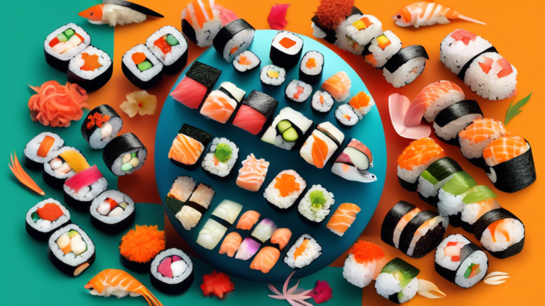 A vibrant and colorful assortment of different sushi types arranged in the shape of a globe to celebrate International Sushi Day.