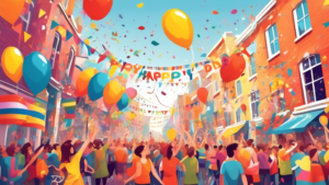 A colorful parade with people waving flags under a banner reading 'Happy Christopher Street Day!' on a bustling city street, with everyone expressing joy and unity, surrounded by balloons and confetti, in the style of digital art.