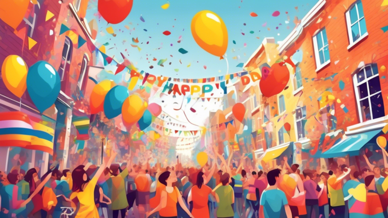 A colorful parade with people waving flags under a banner reading 'Happy Christopher Street Day!' on a bustling city street, with everyone expressing joy and unity, surrounded by balloons and confetti, in the style of digital art.