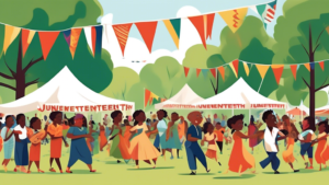 A vibrant community celebration in a local park on Juneteenth, with families enjoying traditional foods, live music, and cultural dances under a banner that reads 'Happy Juneteenth' against a backdrop of Juneteenth flags fluttering in the breeze.