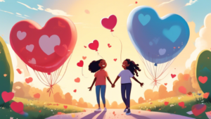 Two smiling individuals of different backgrounds holding hands and laughing together in a sunlit park, surrounded by balloons shaped like hearts, with 'National Best Friends Day' written in the sky above them.