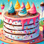 A vibrant, festive gathering of friends in a sunny park, sharing a colossal, beautifully decorated ice cream cake adorned with an array of colorful sprinkles and sparklers, with a banner in the background proclaiming Happy National Ice Cream Cake Day!