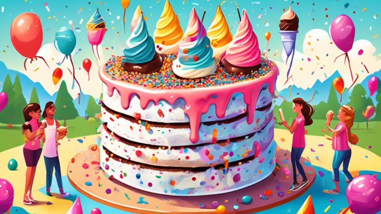 A vibrant, festive gathering of friends in a sunny park, sharing a colossal, beautifully decorated ice cream cake adorned with an array of colorful sprinkles and sparklers, with a banner in the background proclaiming Happy National Ice Cream Cake Day!