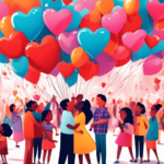 A vibrant, celebratory scene in a bustling city square with people of diverse backgrounds sharing kisses, balloons shaped like hearts floating in the sky, and a large banner proclaiming 'Happy National Kissing Day!'