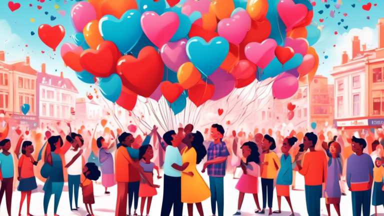 A vibrant, celebratory scene in a bustling city square with people of diverse backgrounds sharing kisses, balloons shaped like hearts floating in the sky, and a large banner proclaiming 'Happy National Kissing Day!'