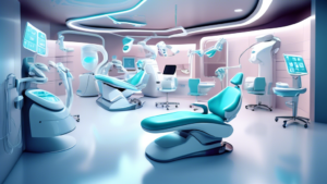 Create an image of a futuristic dental clinic with advanced technology and robotic assistants, featuring 19 different unique and innovative features of Denticon highlighted in the setting.